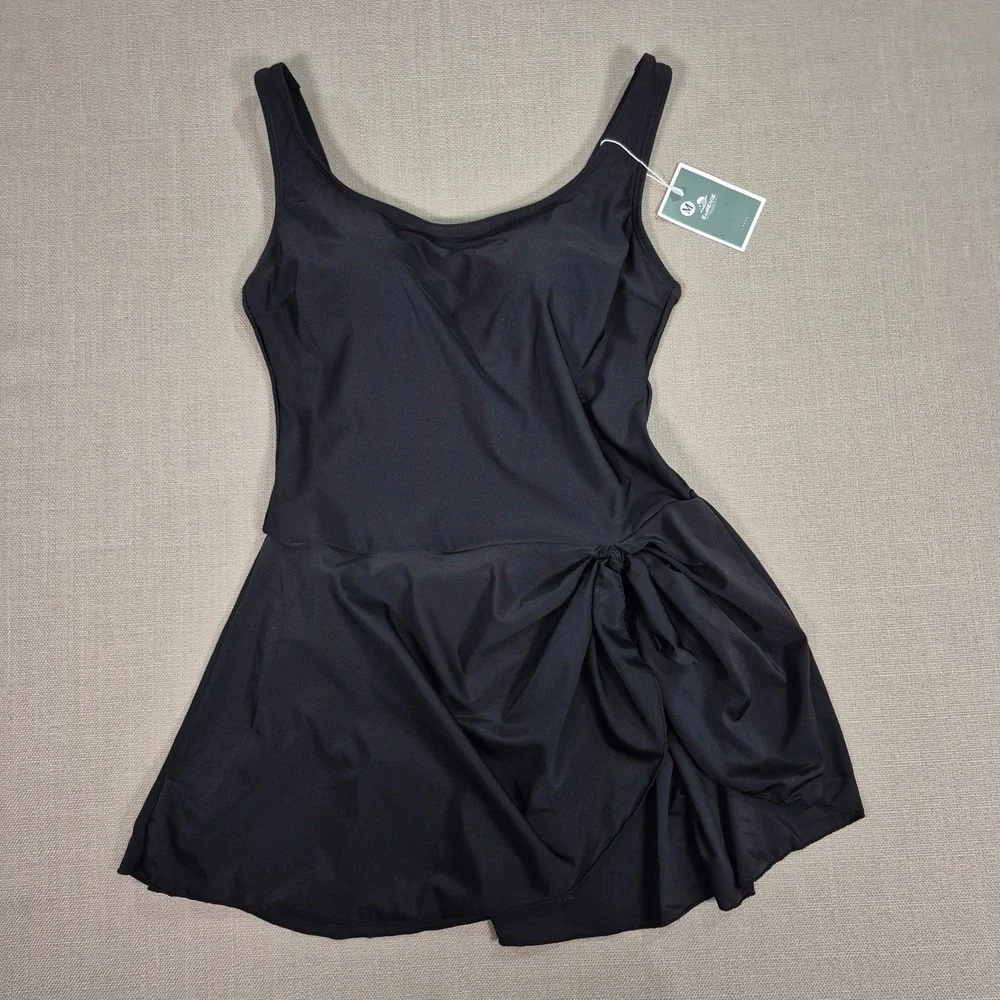 Eomenie Womens Black Tummy Control Swim Dress One Piece Side Tie Sarong M New